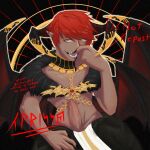 1:1 black_nail_polish bodily_fluids chain_jewelry clothed clothing couldnt~find~a~name demon demon_humanoid diavolo_(obey_me!) dragon_wings erection fangs fur_shawl genital_fluids genitals gold_(metal) gold_jewelry hair half_naked hi_res horn horn_jewelry humanoid jewelry male obey_me! open_mouth penis pointy_ears precum red_hair solo tan_body tanned_skin teeth wing_jewelry yellow_eyes