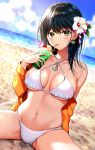  1girl bare_shoulders beach bikini black_hair blue_sky breasts breasts_apart cherry cloud criss-cross_halter cup day drinking drinking_glass drinking_straw earrings flower food fruit green_eyes hair_flower hair_ornament halterneck heart jacket jewelry large_breasts long_hair long_sleeves looking_at_viewer navel nishizawa ocean off_shoulder open_clothes open_jacket orange_jacket original outdoors sand sitting sky solo spread_legs stomach sunlight swimsuit thighs tropical_drink white_bikini white_flower 