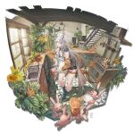  1girl animal_ears animal_slippers apron arknights bare_shoulders bunny_slippers carrot_hair_ornament cooking_pot cream detached_sleeves dress food food-themed_hair_ornament green_socks grey_eyes grey_hair hair_ornament hat highres holding holding_cooking_pot kitchen light_smile long_hair long_sleeves looking_at_viewer official_alternate_costume official_art pancake rabbit_ears rabbit_girl ribbon savage_(arknights) savage_(secret_family_recipe)_(arknights) slippers socks solo stirring strapless strapless_dress thigh_strap thighs usu_(9619usu) white_apron white_hat white_ribbon window 
