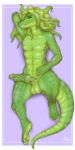  2019 anthro balls claws digital_drawing_(artwork) digital_media_(artwork) erection geier green_skin humanoid lizard looking_at_viewer lying male nude penis reptile scales scalie simple_background smile solo teeth tentacle_hair tentacles thick_thighs toe_claws 