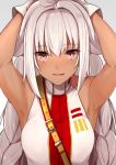  1girl armpits arms_behind_head bare_shoulders braid breasts dark_skin eyebrows_visible_through_hair fate/grand_order fate_(series) gloves grey_hair hair_between_eyes lakshmibai_(fate/grand_order) light_blush light_smile long_hair looking_at_viewer pink_eyes sleeveless small_breasts solo twin_braids upper_body very_long_hair white_gloves yuuzuki_(re&#039;ef) 