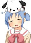  1girl blue_hair bow bowtie closed_eyes crossover cube_hair_ornament hair_ornament head_tilt highres naganohara_mio naganoharamiomio nichijou on_head open_mouth pochacco red_bow red_bowtie sailor_collar sanrio school_uniform short_hair short_twintails simple_background tokisadame_school_uniform twintails upper_body white_background white_sailor_collar 