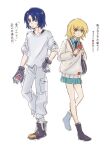  1boy 1girl amate_yuzuriha amate_yuzuriha_(cosplay) athrun_zala blonde_hair blue_hair cagalli_yula_athha collared_shirt cosplay full_body gloves green_eyes gundam gundam_gquuuuuux gundam_seed highres holding holding_phone holding_spray_can long_sleeves necktie pants phone school_uniform shiro_kunugi shirt shoes short_hair shuji_ito shuji_ito_(cosplay) simple_background skirt sweatdrop sweater white_background white_shirt yellow_eyes 