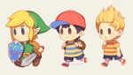  black_hair blonde_hair blue_eyes brown_hair chibi gloves hat link lucas male_focus mother_(game) mother_2 mother_3 multiple_boys ness open_mouth pointy_ears shirt short_hair simple_background smile striped striped_shirt super_smash_bros. the_legend_of_zelda the_legend_of_zelda:_link&#039;s_awakening wasabi60 weapon 