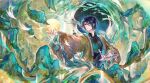  1boy absurdres aqua_eyes bare_tree bird black_hair black_shirt blue_hair chinese_clothes chinese_commentary closed_mouth coat curtained_hair daxiushan full_moon hair_between_eyes hanfu highres holding holding_paint_palette jewelry light_smile long_sleeves looking_at_animal looking_to_the_side luludeer386 male_focus moon mountain open_clothes open_coat outstretched_arm paint_palette pendant qian_li_jiangshan_tu_(wuhua_mixin) river shirt short_hair solo tree upper_body wide_sleeves wuhua_mixin yellow_coat 
