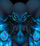  2019 anthro black_sclera blue_eyes breasts claws digimon digimon_(species) dipstick_ears fak&eacute;mon fan_character fangs female fire flat_chested fur furball gloves_(marking) hybrid impmon looking_at_viewer magic markings multicolored_ears multicolored_fur navel nipples nude pussy renamon renimpmon short_stack small_breasts smile solo two_tone_fur vulimpmon vulpamon wide_hips 