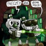 2018 bracelet breaking_wall clothed clothing container cup cuphead_(character) cuphead_(game) digital_drawing_(artwork) digital_media_(artwork) duo eyewear finger_gun for_a_head gesture glasses green_clothing hand_gesture humanoid jewelry killb94_(artist) male mugman object_head police scott_pilgrim_(series) shooting wall_(structure)