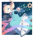  1girl :o blonde_hair blue_dress blue_eyes bright_pupils brooch crown dress earrings grey_footwear hair_over_one_eye high_heels holding holding_wand jewelry long_sleeves mario_(series) omochi_(glassheart_0u0) open_mouth rosalina shoes solo star star_print super_mario_galaxy wand white_pupils 