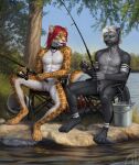 2025 4_toes 5_fingers andromorph anthro ashnu beverage big_clitoris black_body black_fur black_nipples black_nose bottle bottomwear brown_body brown_fur bucket camping_chair celestian_(ashnurazg) chair chest_tuft claws clitoral_hood_piercing clitoris clothed clothing collar container detailed_background digital_media_(artwork) digitigrade duo ear_piercing eyebrows eyelashes facial_piercing feet felid fingers fish fishing fishing_rod fur furniture genital_piercing genitals green_bottomwear green_clothing green_eyes grey_body grey_fur hair hi_res himeragoldtail holding_object intersex lake lip_piercing long_hair long_tail mammal marine markings mjolnir_necklace muscular muscular_andromorph muscular_anthro muscular_intersex mustelid nipple_piercing nipples nude on_chair open_mouth orange_eyes otter outside piercing pink_nipples pink_nose plant prehistoric_species pupils pussy red_eyebrows red_hair ring_piercing rock saber-toothed_tiger shorts shorts_only sitting sitting_on_chair slit_pupils smile spots spotted_body spotted_fur spread_legs spreading tail tapering_tail teeth toes topless tree tuft white_body white_eyebrows white_fur white_hair white_markings