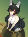  1girl absurdres animal_ear_fluff animal_ears bare_arms bare_shoulders black_hair breasts cauldron closed_mouth collarbone getting_over_it golden_cauldron hair_between_eyes halter_shirt halterneck hammer highres holding holding_hammer hololive in_cauldron jewelry johnny_(braun-kan_cafe) large_breasts long_hair looking_at_viewer multicolored_hair necklace official_alternate_costume ookami_mio ookami_mio_(street) red_streaks shirt sledgehammer sleeveless sleeveless_shirt smile solo streaked_hair tail virtual_youtuber white_shirt wolf_ears wolf_girl wolf_tail yellow_eyes 