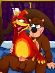  2019 avian balls banjo-kazooie banjo_(banjo-kazooie) beak bed bird black_nose blue_eyes blush breegull cowgirl_position curtains detailed_background duo english_text female female_penetrated green_eyes inside interspecies kazooie letter looking_back male male/female male_penetrating mammal nintendo on_top open_mouth penetration penis pussy raised_tail rareware sex spreading super_smash_bros. text tongue ursid vaginal vaginal_penetration video_games vorechestra 