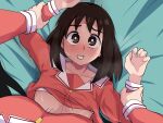  2girls achmad_sjahrir azumanga_daioh azumanga_daioh&#039;s_school_uniform blush bra brown_eyes brown_hair female_pov holding_another&#039;s_wrist kasuga_ayumu long_hair looking_at_viewer multiple_girls on_bed parted_lips pink_serafuku pink_shirt pov sakaki_(azumanga_daioh) school_uniform serafuku shirt sweat underwear yuri 