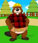 2022 3_toes 4_fingers anthro armor arms_bent beaver belly belt belt_buckle belt_pouch big_belly big_nose black_nose black_tail blue_sky bottomless bottomless_anthro bottomless_male brown_belt brown_body brown_fur buckle buckteeth button_(fastener) clothed clothed_anthro clothed_male clothing cloud construction_worker day digital_drawing_(artwork) digital_media_(artwork) english_description evergreen_tree feet fence fingers full-length_portrait fur grass green_eyes half-closed_eyes hands_on_own_hips hard_hat headgear helmet hi_res kastor looking_at_viewer mail_mole male male_anthro mammal mouth_closed multicolored_body multicolored_fur narrowed_eyes no_eyebrows overweight overweight_anthro overweight_male path pine_tree plaid_dress_shirt plant portrait red_dress_shirt robertgdraws rodent shaded signature simple_shading sky solo standing tail talpa_games teeth toes tree two_tone_body two_tone_fur utility_belt wood wood_fence