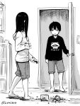 1boy 1girl barefoot brother_and_sister bubble_tea bubble_tea_challenge cup disposable_cup door drinking_straw greyscale highres indoors izumi_(toubun_kata) kyousuke_(mieruko-chan) long_hair long_sleeves mieruko-chan miko_(mieruko-chan) monochrome opening_door shorts siblings sketch spill standing twitter_username 