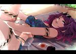  1girl arm_strap beach_towel bikini blue_bikini breasts gradient_hair idolmaster idolmaster_shiny_colors ishii_takuma legs_up lens_flare letterboxed lipstick looking_at_viewer lotion lying makeup medium_breasts medium_hair multicolored_bikini multicolored_hair on_back outdoors parted_lips purple_bikini purple_eyes purple_hair purple_lips short_twintails solo sunscreen swimsuit tanaka_mamimi thigh_strap towel twintails 