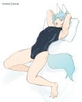  1boy animal_ears armpits arms_up blue_hair bulge chongyun_(genshin_impact) covered_nipples erection erection_under_clothes fox_boy fox_ears fox_tail genshin_impact highres kemonomimi_mode knees_up matemi one-piece_swimsuit open_mouth patreon_username penis pillow solo swimsuit tail tongue tongue_out 