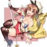  1girl atelier_(series) atelier_ryza belt breasts brown_eyes brown_gloves brown_hair commentary_request gloves hair_ornament hairclip hat highres jewelry looking_at_viewer necklace open_mouth red_shorts reisalin_stout shinozuka_atsuto short_shorts shorts solo thighhighs thighs 