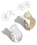  2girls absurdres ahoge animal_ears arms_up bag barefoot boole0812 brown_hair butter_(trickcal) cat_ears cat_girl cat_shadow_puppet_(meme) from_behind grey_hair highres kommy_(trickcal) korean_text long_hair meme multiple_girls no_tail off_shoulder shadow shadow_puppet shirt squatting striped_clothes striped_thighhighs thighhighs translation_request trickcal white_shirt yellow_shirt 