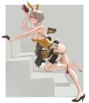  1girl animal_ears ass backless_leotard bare_arms bare_shoulders belt belt_around_waist belt_pouch black_belt black_eyeliner black_gloves black_nails black_pasties black_shoes border breasts buckle closed_mouth commentary english_commentary explosive expressionless eyelashes eyeliner fake_animal_ears fake_tail feet foot_up from_side full_body girls&#039;_frontline girls&#039;_frontline_2:_exilium gloves grenade grey_background grey_hair gun harness high_heels highres kriss_vector large_breasts leaning_forward leg_up legs leotard light_blush looking_to_the_side magazine_(weapon) makeup nail_polish nose outside_border outstretched_arm pasties photoshop_(medium) playboy_bunny pouch puto_trash rabbit_ears rabbit_tail red_gloves red_ribbon ribbon shadow shoes sideboob single_bare_foot single_bare_leg single_shoe snap-fit_buckle solo stairs strapless strapless_leotard submachine_gun tactical_playboy_bunny tail thigh_pouch thigh_strap thighs toenail_polish toenails two-tone_gloves utility_belt vector_(girls&#039;_frontline) vector_(girls&#039;_frontline_2) vector_(molotov_bunny)_(girls&#039;_frontline_2) weapon white_border white_tail yellow_leotard 