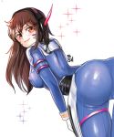  1girl ass back bangs blue_bodysuit blush bodysuit breasts brown_hair covered_nipples d.va_(overwatch) dole_(lo628) eye_contact facepaint facial_mark from_behind hair_between_eyes headphones high_collar long_hair looking_at_another looking_at_viewer looking_back medium_breasts nose overwatch pilot_suit pink_lips ribbed_bodysuit shoulder_pads sideboob simple_background skin_tight smile solo standing swept_bangs whisker_markings white_background 