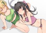  2girls 3: akatsuki_kirika bare_legs barefoot black_hair blonde_hair blush breasts camisole closed_eyes eyebrows_visible_through_hair from_above hair_intakes hair_ornament hand_on_another&#039;s_thigh large_breasts long_hair lying midriff multiple_girls no_pants on_side panties pink_eyes rkrk senki_zesshou_symphogear sitting small_breasts striped striped_panties sweatdrop tsukuyomi_shirabe twintails underwear x_hair_ornament yokozuwari 