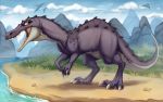  16:10 2018 ambiguous_gender baryonyx claws day detailed_background digital_media_(artwork) dinosaur feral grass illustration orange_eyes outside reptile scalie sky solo spinosaurid standing theropod water zazush-una 