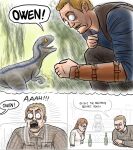 alcohol anthro bar bartender beard beer beverage blue_(jurassic_world) calling_out claire_dearing clothed clothing comic dialogue digital_drawing_(artwork) digital_media_(artwork) dinosaur dream dromaeosaurid english_text facial_hair female group hi_res human jurassic_park jurassic_world killb94_(artist) male mammal nightmare owen_grady prehistoric_species reptile scalie screaming text the_simpsons theropod universal_studios velociraptor