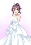  1girl ai_style bare_shoulders blush bride brown_hair dress elbow_gloves gloves gradient gradient_background hagikaze_(kantai_collection) hands_together highres jewelry kantai_collection looking_at_viewer necklace one_side_up open_mouth purple_eyes short_hair simple_background smile solo standing tiara wedding_dress white_background white_dress white_gloves 