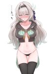  1girl arms_behind_back black_hairband black_jacket black_panties black_thighhighs blue_ribbon blush bra_strap breasts cropped_jacket firefly_(honkai:_star_rail) gradient_hair green_pupils hair_between_eyes hair_ornament hair_ribbon hairband highres honkai:_star_rail honkai_(series) jacket long_hair multicolored_eyes multicolored_hair neckerchief no_pants open_mouth orange_neckerchief panties ribbon simple_background solo string_bra string_panties tefutefufu thighhighs underwear white_background 