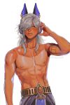  1boy abs absurdres animal_ears arm_tattoo bishounen cyno_(genshin_impact) dark-skinned_male dark_skin fake_animal_ears genshin_impact grey_hair hair_between_eyes hair_over_one_eye hand_on_headphones headphones heat_stroke_photoshoot_(meme) highres jackal_ears long_hair male_chest male_focus meme navel naya_(onaxart) nipples pectorals red_eyes revealing_tanlines simple_background solo sunburn tan tanlines tattoo toned toned_male topless_male white_background 