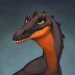  1:1 2018 baryonyx bust_portrait digital_media_(artwork) dinosaur feral green_eyes hi_res portrait reptile scalie simple_background solo spines spinosaurid teeth theropod yellow_sclera zazush-una 