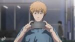  1boy anachronism blonde_hair blue_sky blurry blurry_background brown_eyes cellphone chainsaw_man commentary_request denji_(chainsaw_man) frown highres holding holding_phone indonesian_commentary laillnii male_focus phone polo_shirt raised_eyebrow signature sky smartphone solo taking_picture upper_body 
