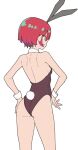  1girl absurdres amate_yuzuriha animal_ears aqua_eyes ass backless_leotard brown_leotard commentary detached_collar fake_animal_ears fake_tail from_behind gundam gundam_gquuuuuux highres leotard playboy_bunny rabbit_ears rabbit_tail red_hair s10021 short_hair simple_background solo standing tail thighs white_background white_wrist_cuffs wrist_cuffs 