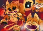alarmed anthro blue_eyes blush bodily_fluids boots bottomwear breasts cat_tail cleavage_cutout clothing cutout fangs feline_ears female footwear fur gloves hair handwear living_toy markings medium_breasts metroid mob_entertainment mole_(marking) nageruamado nintendo orange_body orange_fur orange_hair ponytail poppy_playtime red_smoke samus_aran shoes shorts smiling_critters smoke solo species_transformation sweat sweatdrop teeth transformation