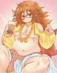  1girl belly big_belly bow brown_hair bubble_tea fat fate/grand_order fate_(series) ganesha_(fate) glasses highres jewelry jinako_carigiri midriff necklace ooba_jun plump 