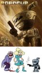 2018 blood bodily_fluids crying cuphead_(character) cuphead_(game) dice digital_drawing_(artwork) digital_media_(artwork) female finger_gun for_a_head gesture group hand_gesture hostage human humanoid killb94_(artist) king_dice knife machine male mammal object_head pain robocop_(franchise) robot sally_stageplay shooting smile smoke solo tears text title trio wounded