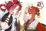  1boy 1girl anger_vein artist_name blunt_bangs brown_hair fate/grand_order fate_(series) grabbing_another&#039;s_ear grey_hair hair_ribbon hand_on_another&#039;s_ear highres izumo_no_okuni_(fate) jacket long_hair multicolored_hair open_mouth pectorals re_re9315 red_hair ribbon split-color_hair spoken_anger_vein takasugi_shinsaku_(fate) teeth twitter_username two-tone_hair upper_body upper_teeth_only white_jacket white_ribbon yellow_eyes 