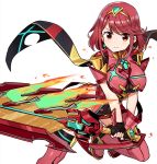  1girl armor armored_dress black_gloves boots breasts closed_mouth dress earrings eyebrows_visible_through_hair fingerless_gloves fire flame gloves highres holding holding_sword holding_weapon homura_(xenoblade_2) huge_weapon jewelry leg_up looking_at_viewer medium_breasts red_dress red_eyes red_hair red_legwear shisoneri short_hair simple_background smile solo sparkle standing standing_on_one_leg star star_earrings sword thigh_boots thighhighs tiara v-shaped_eyebrows weapon white_background xenoblade_(series) xenoblade_2 