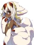  1girl absurdres animal_ears blonde_hair body_fur breasts brown_eyes claws commentary_request dark-skinned_female dark_skin extra_arms faputa fewer_digits hair_between_eyes hand_up highres long_hair looking_at_viewer made_in_abyss monster_girl multicolored_eyes multicolored_hair multiple_tails narehate open_mouth pink_pupils sekaineko_001 sharp_teeth small_breasts solo tail teeth two-tone_eyes two-tone_hair white_background white_fur white_hair yellow_eyes 