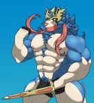  2019 abs absurd_res anthro anthrofied bulge canid canine clothing flexing front_view hi_res legendary_pok&eacute;mon male mammal melee_weapon muscular muscular_male nintendo nipples pecs pok&eacute;mon pok&eacute;mon_(species) raikarou simple_background solo standing sword thong video_games weapon zacian 