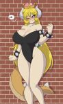  &lt;3 absurd_res alternate_species animal_humanoid big_breasts blonde_hair blue_eyes blush bowsette_meme bracelet breasts brick_wall cleavage clothed clothing crown dialogue female hair hi_res humanoid humanoidized jewelry koopa leotard long_hair mario_bros mastergodai nintendo one_eye_closed scalie solo spiked_bracelet spikes super_crown tight_clothing video_games wink 