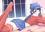  1girl absurdres animal_ear_headwear bare_shoulders blue_eyes blue_gloves blue_hair blue_hat blue_skirt blush breasts closed_mouth commentary cool_mita_(miside) cropped_shirt gloves hat head_rest highres hitachi_magic_wand indoors legs_up long_hair long_sleeves looking_at_viewer low_ponytail lsf_(805661342) lying mark_under_eye medium_breasts midriff miniskirt miside mita_(miside) newsboy_cap night night_sky on_bed on_stomach one_eye_closed pleated_skirt ponytail red_shirt red_thighhighs sex_toy shirt skindentation skirt sky smile soles solo tattoo teardrop_facial_mark teardrop_tattoo thighhighs thighs vibrator zettai_ryouiki 