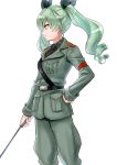  1girl absurdres anchovy anzio_military_uniform bangs belt black_belt black_neckwear black_ribbon black_shirt closed_mouth commentary cowboy_shot dress_shirt drill_hair eyebrows_visible_through_hair girls_und_panzer green_hair grey_jacket grey_pants hair_ribbon hand_on_hip highres hisaki holding jacket long_hair long_sleeves looking_to_the_side military military_uniform necktie pants red_eyes ribbon riding_crop sam_browne_belt shirt simple_background smile solo standing twin_drills twintails uniform white_background 