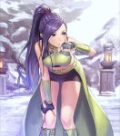  1girl anbe_yoshirou bare_shoulders belt bent_over black_shorts breasts commentary_request dragon_quest dragon_quest_xi fingerless_gloves gloves hand_on_own_knee high_ponytail highres large_breasts long_hair looking_to_the_side martina_(dq11) outdoors ponytail purple_eyes purple_hair shorts solo sweatdrop thighs tile_floor tiles very_long_hair 