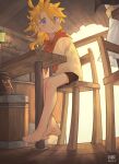  1boy 1girl :o absurdres backlighting barefoot black_shorts blonde_hair blush chair dated feet hair_between_eyes highres legs light_particles long_hair male_focus messy_hair neckerchief original purple_eyes red_neckerchief shirt short_shorts shorts sitting skirt solo_focus table toes tsukibara 
