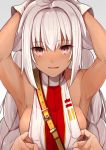  1girl armpits arms_behind_head assisted_exposure bare_shoulders braid breasts dark_skin eyebrows_visible_through_hair fate/grand_order fate_(series) gloves grey_hair hair_between_eyes lakshmibai_(fate/grand_order) light_blush light_smile long_hair looking_at_viewer pink_eyes pov pov_hands sideboob sleeveless small_breasts solo_focus twin_braids upper_body very_long_hair white_gloves yuuzuki_(re&#039;ef) 