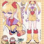  1girl 2boys :| animal animalization artist_name beard bigro black_eyes black_jacket blonde_hair boots bracelet brown_hair brown_helmet cat character_name claws closed_mouth collared_shirt colored_sclera cosplay crop_top cropped_shoulders denim denim_skirt dimitri_(gundam) eyeshadow facial_hair fangs full_body gradient_hair green_jacket grid_background gun gundam hair_ornament hair_scrunchie heart helmet highleg highleg_leotard highres holding holding_animal holding_cat jacket jewelry leg_warmers leotard light_frown long_hair looking_at_another looking_at_viewer makeup mecha mechanical_arms mobile_armor mobile_suit_gundam multicolored_hair multiple_boys multiple_views nail_polish necktie one-eyed open_mouth pencil_skirt polka_dot polka_dot_scrunchie purple_eyes purple_eyeshadow purple_hair purple_nails purple_necktie purple_sclera red_eyes red_leg_warmers red_leotard red_scrunchie robot rx-78-2_gundam scar scar_on_face scrunchie sharp_teeth shira_neri shirt short_hair short_sleeves skirt smile sparkle standing stiff_tail teeth tokwan translated twintails two-tone_hair weapon whiskers yellow_boots yellow_leg_warmers yellow_sclera yellow_shirt yellow_skirt zakrello zakrello_(cosplay) zeon 