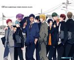  6+boys akashi_seijuurou aomine_daiki arm_around_shoulder arm_up bag belt black-framed_eyewear black_belt black_hair black_jacket black_pants blonde_hair blue_cardigan blue_eyes blue_hair blue_trim brown_hair burger cardigan closed_eyes collared_jacket collared_shirt commentary_request copyright_name crew_neck cup dark-skinned_male dark_skin diagonal-striped_clothes diagonal-striped_necktie disposable_cup eating feet_out_of_frame food food_in_mouth food_wrapper glasses green_hair grey_jacket grey_pants grey_suit hand_in_pocket hand_on_another&#039;s_head holding holding_burger holding_cup holding_food holding_pocky imayoshi_shouichi jacket kagami_taiga kise_ryouta kiyoshi_teppei ko-man kuroko_no_basuke kuroko_tetsuya lapels laughing leaning_forward long_sleeves lower_teeth_only male_focus midorima_shintarou multiple_boys murasakibara_atsushi necktie open_clothes open_collar open_jacket open_mouth orange_shirt outdoors pants parted_bangs parted_hair parted_lips pocky pocky_in_mouth pointing popped_collar power_lines purple_hair red_eyes red_hair shirt shirt_tucked_in short_hair shoulder_bag sky sleeves_past_wrists striped_clothes striped_necktie suit suit_jacket takao_kazunari teeth upper_teeth_only utility_pole walking white_shirt wing_collar 