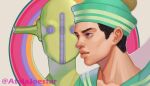  1boy 1other aqua_hat aqua_sailor_collar atalajoestar black_hair blue_eyes closed_mouth colored_skin commentary commission dixie_cup_hat english_commentary green_skin hat higashikata_josuke_(jojolion) highres jojo_no_kimyou_na_bouken jojolion male_focus military_hat multicolored_eyes profile purple_eyes robot sailor sailor_collar sailor_hat soft_&amp;_wet stand_(jojo) star_ornament two-tone_eyes 