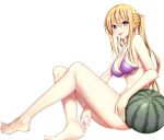  1girl :p barefoot bikini blonde_hair breasts commentary_request covered_nipples food fruit hair_between_eyes large_breasts lieselotte_sherlock long_hair looking_at_viewer nao_akinari purple_bikini purple_eyes sideboob sitting smile solo swimsuit thighs tongue tongue_out trinity_seven twintails very_long_hair watermelon 